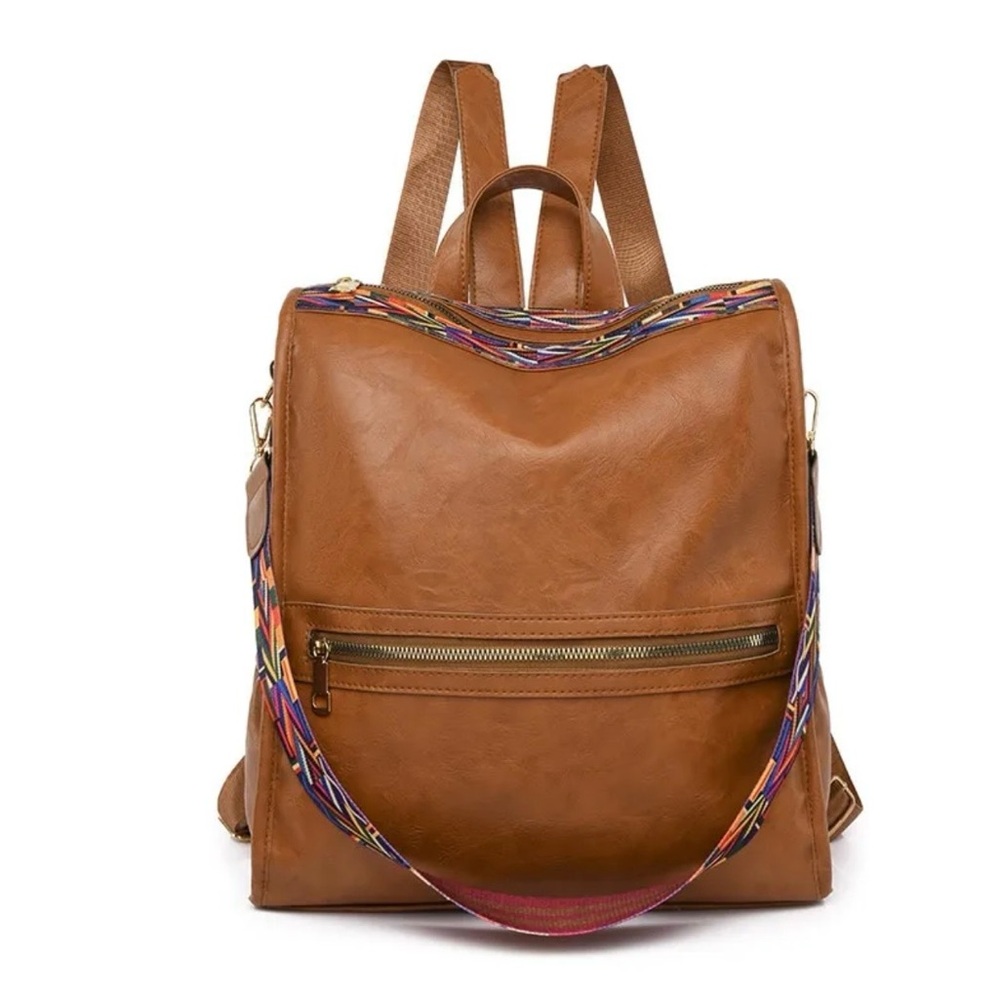 Tan Vegan Leather Backpack with Colorful Woven Strap